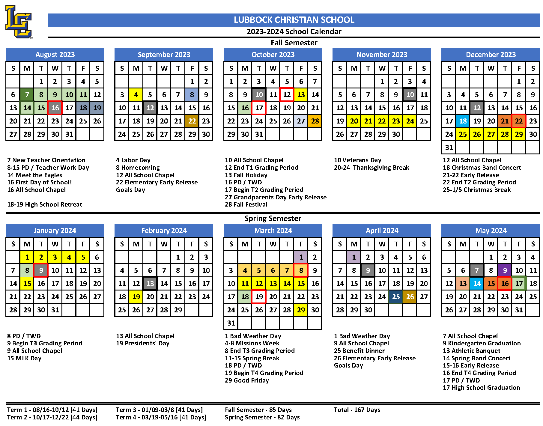 2023–2024 School Calendar - Lubbock Christian School