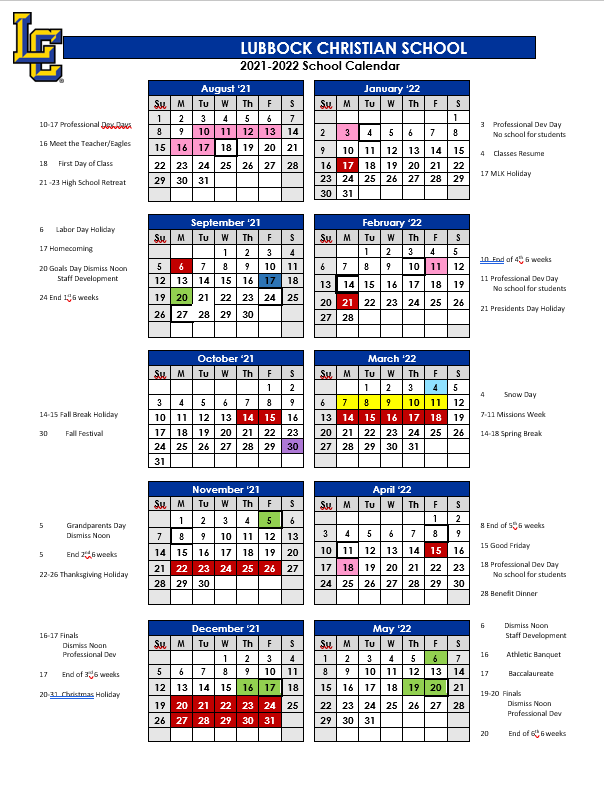 Ttu Academic Calendar 2022 2023 2021/2022 School Calendar - Lubbock Christian School